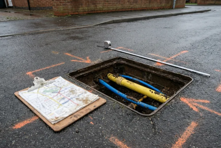 Open inspection chamber exposing a yellow gas and blue water service during a disconnection survey, with an asset map and survey marks