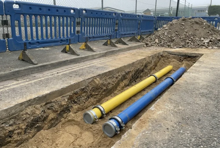 Yellow gas and blue water service pipes safely cut and capped with clamp fittings in a neat excavation