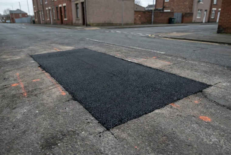 Clean fresh-tarmac reinstatement patch over a backfilled excavation, the ground made good after disconnection