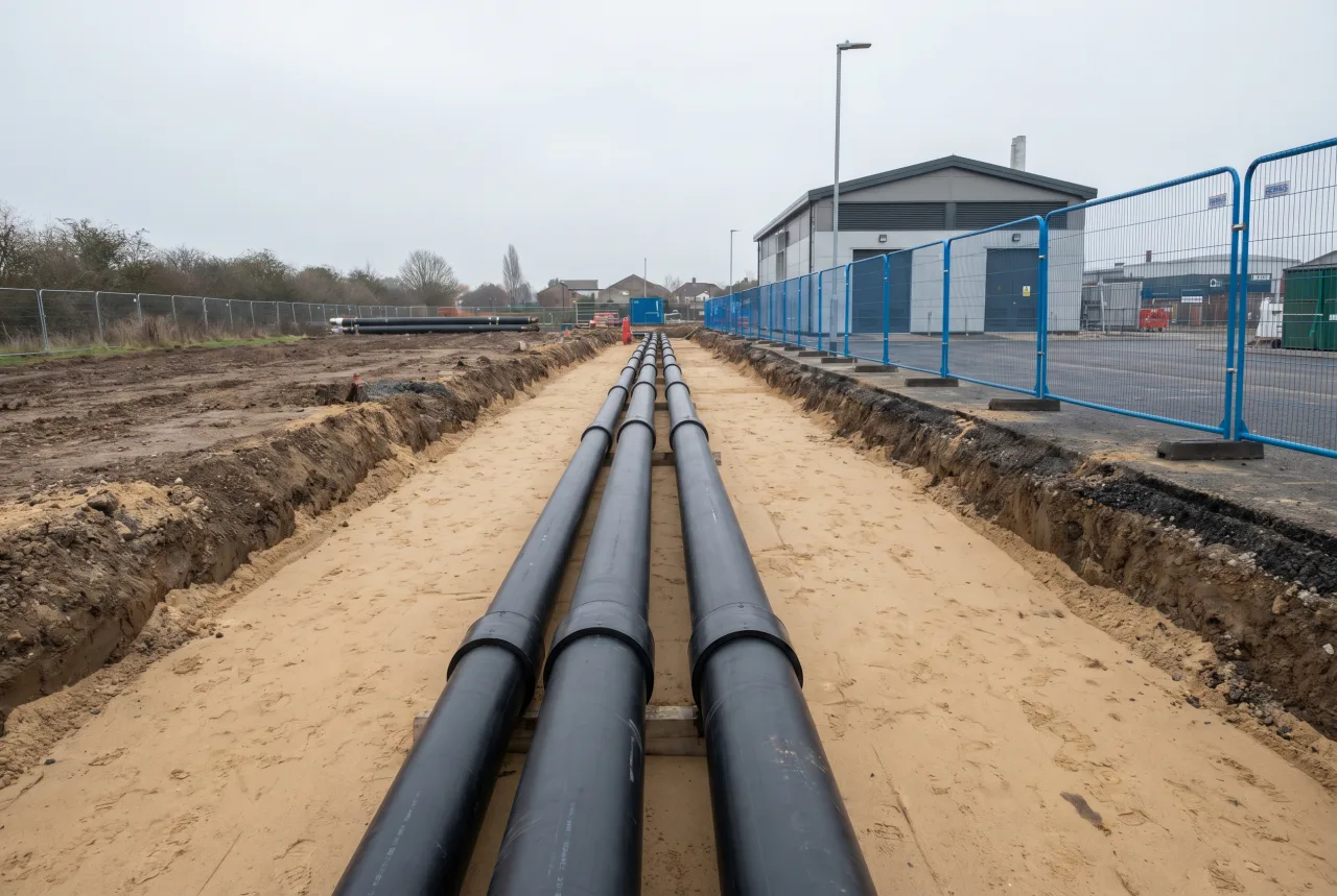 Completed district heating network: twin pre-insulated pipes in a trench with an energy centre building behind