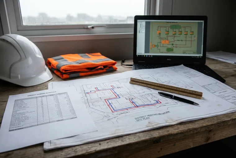 District heating network layout drawing with flow and return routing, a hard hat and a laptop at the design stage