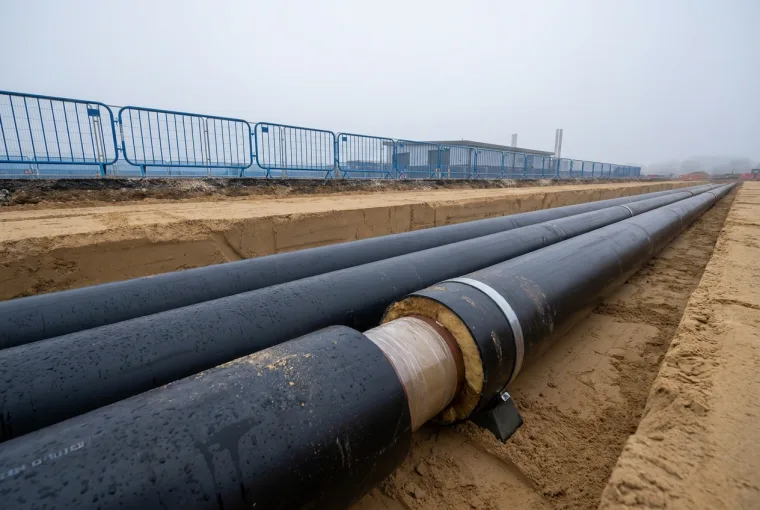 Large pre-insulated twin district heating pipes with a cuffed welded joint being laid in a clean trench