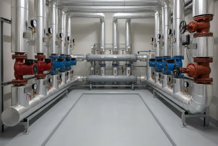 Newly commissioned energy centre plant room with insulated pipework, pumps and gauges