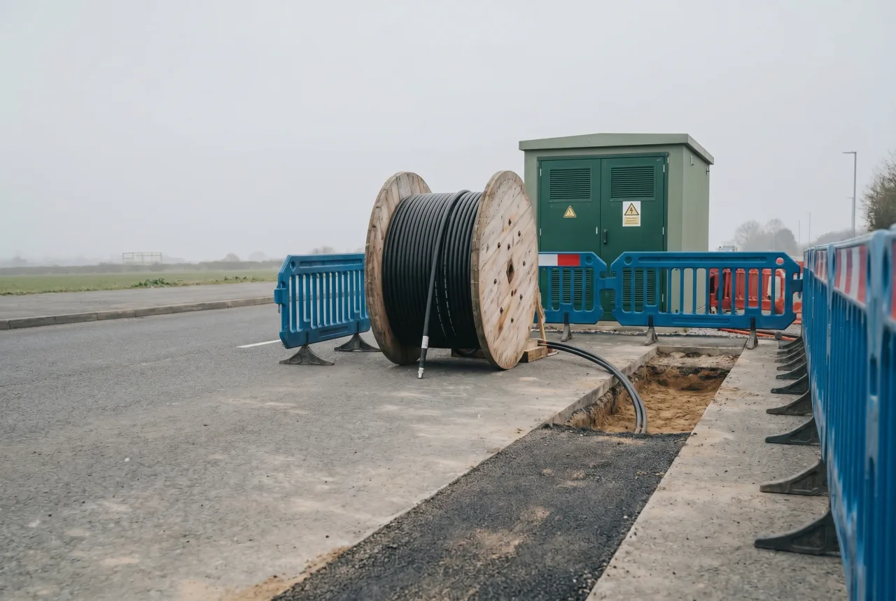 Completed electricity connection: a green distribution substation kiosk and cable drum beside a trench on a finished development