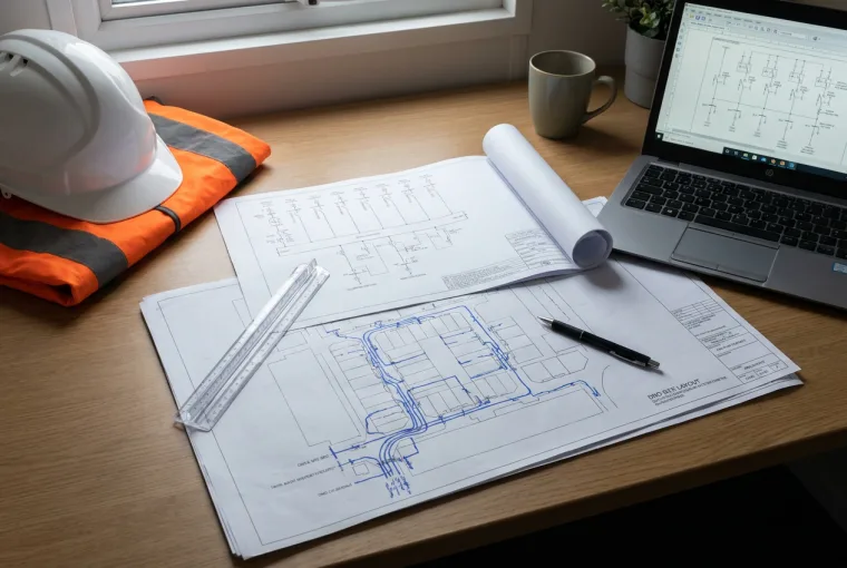 Electrical single-line connection drawing with a hard hat and laptop at the planning stage