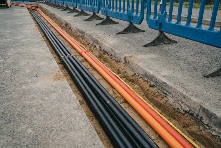 Black armoured LV cables and an orange duct laid in a clean saw-cut trench during installation
