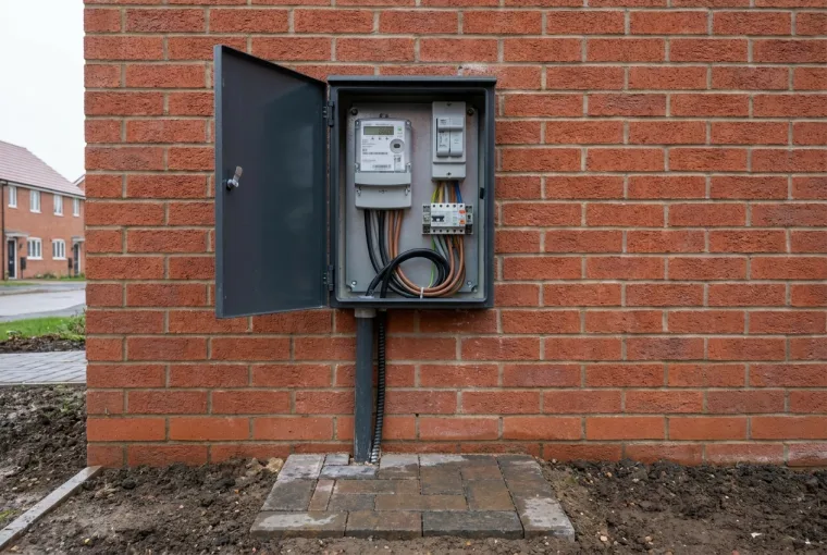Newly installed external electricity meter box with service cable on a completed site