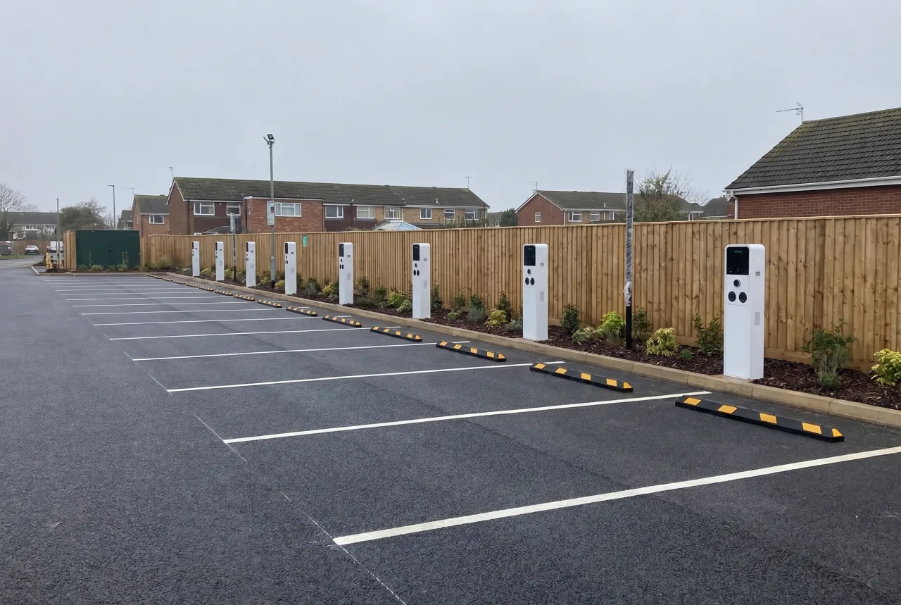 Completed EV charging hub with a row of charge points
