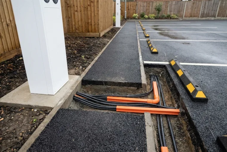 Cable routes, ducting, and switchgear installation for EV hub