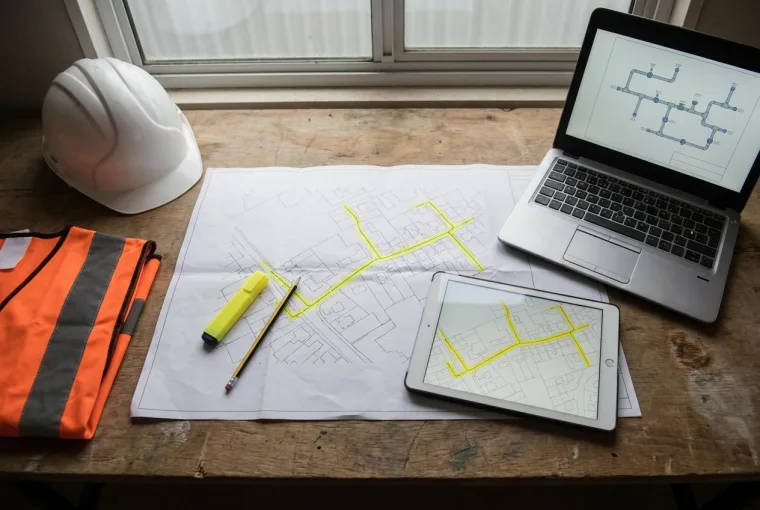 Gas connection network layout drawing with a hard hat and laptop at the planning stage