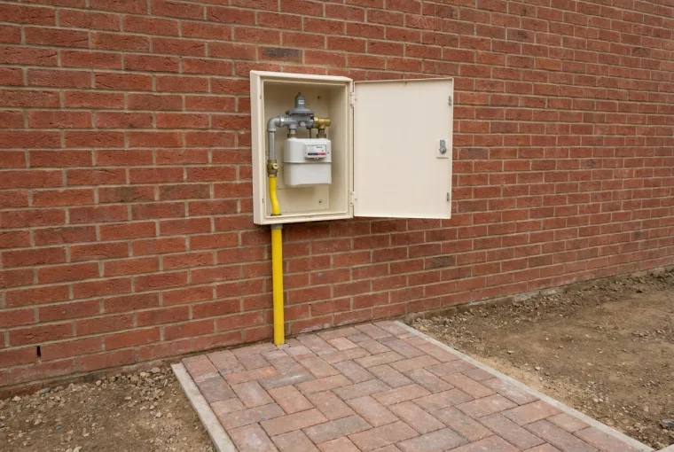 Newly installed external gas meter with a yellow service pipe on a completed site