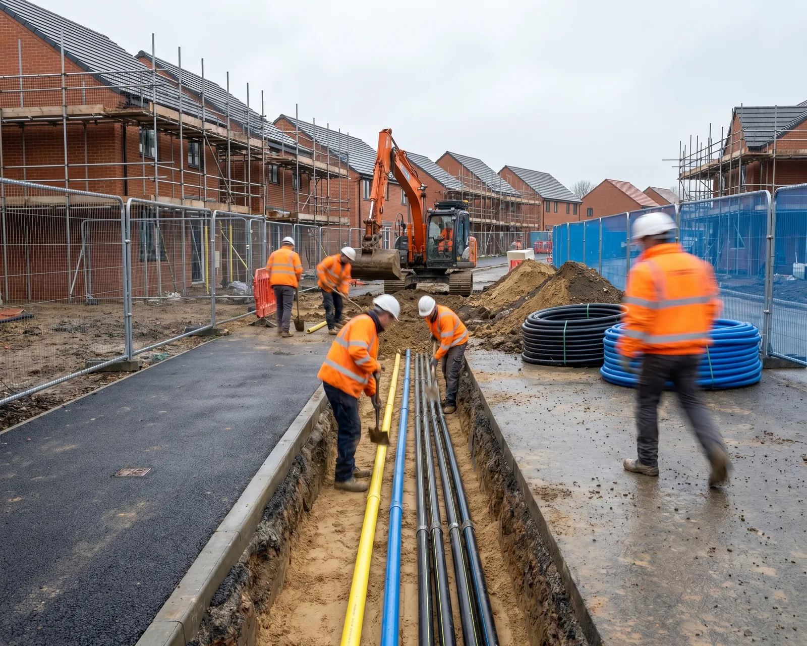 Groundworkers laying gas, water and electricity connections in an open trench on a busy UK new-build housing estate, with an excavator and part-built houses behind