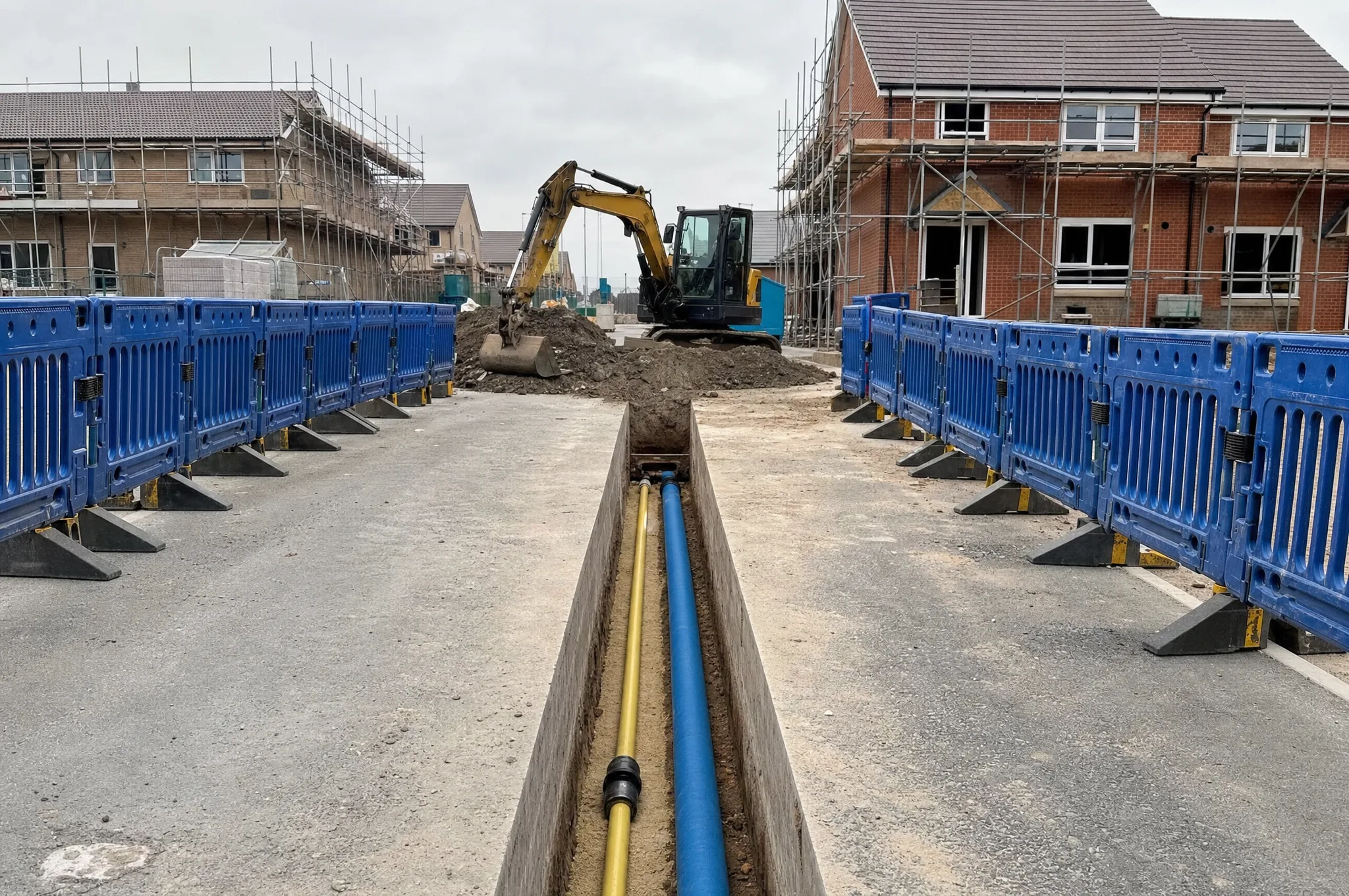 Open utility trench with neatly laid gas and water mains across a UK new-build site