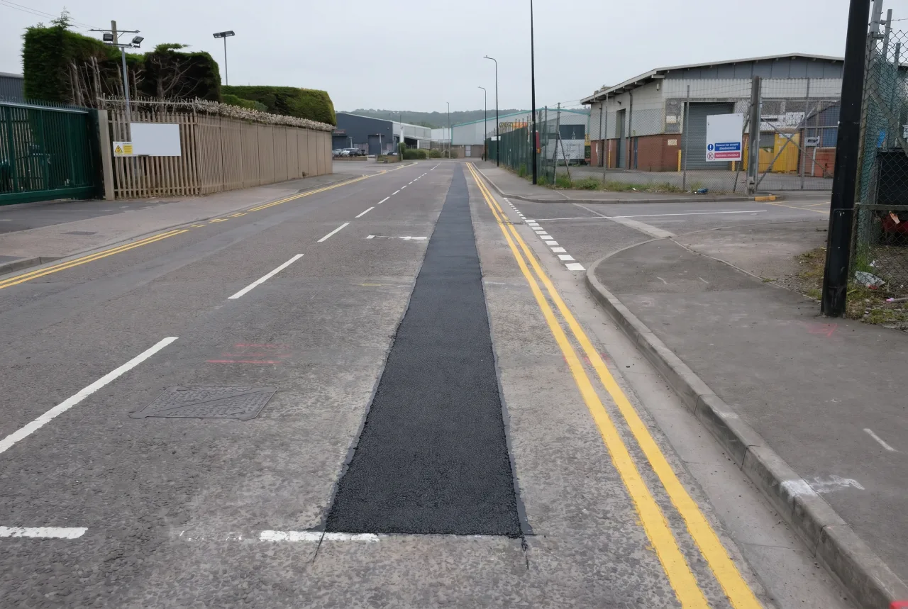 Completed permanent reinstatement: a long fresh-tarmac strip laid flush in the road with repainted markings