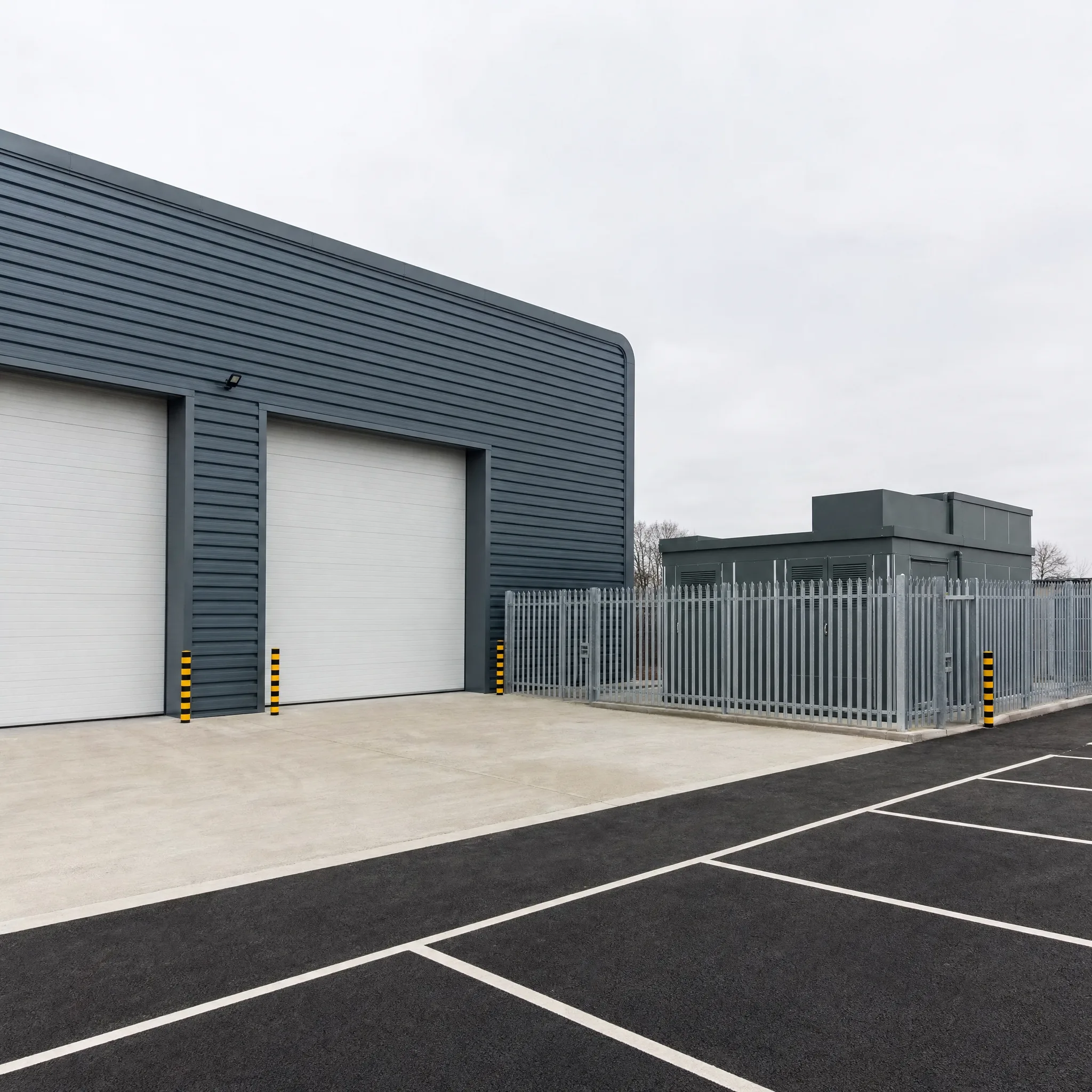 UK industrial estate with warehouse unit and packaged electrical substation