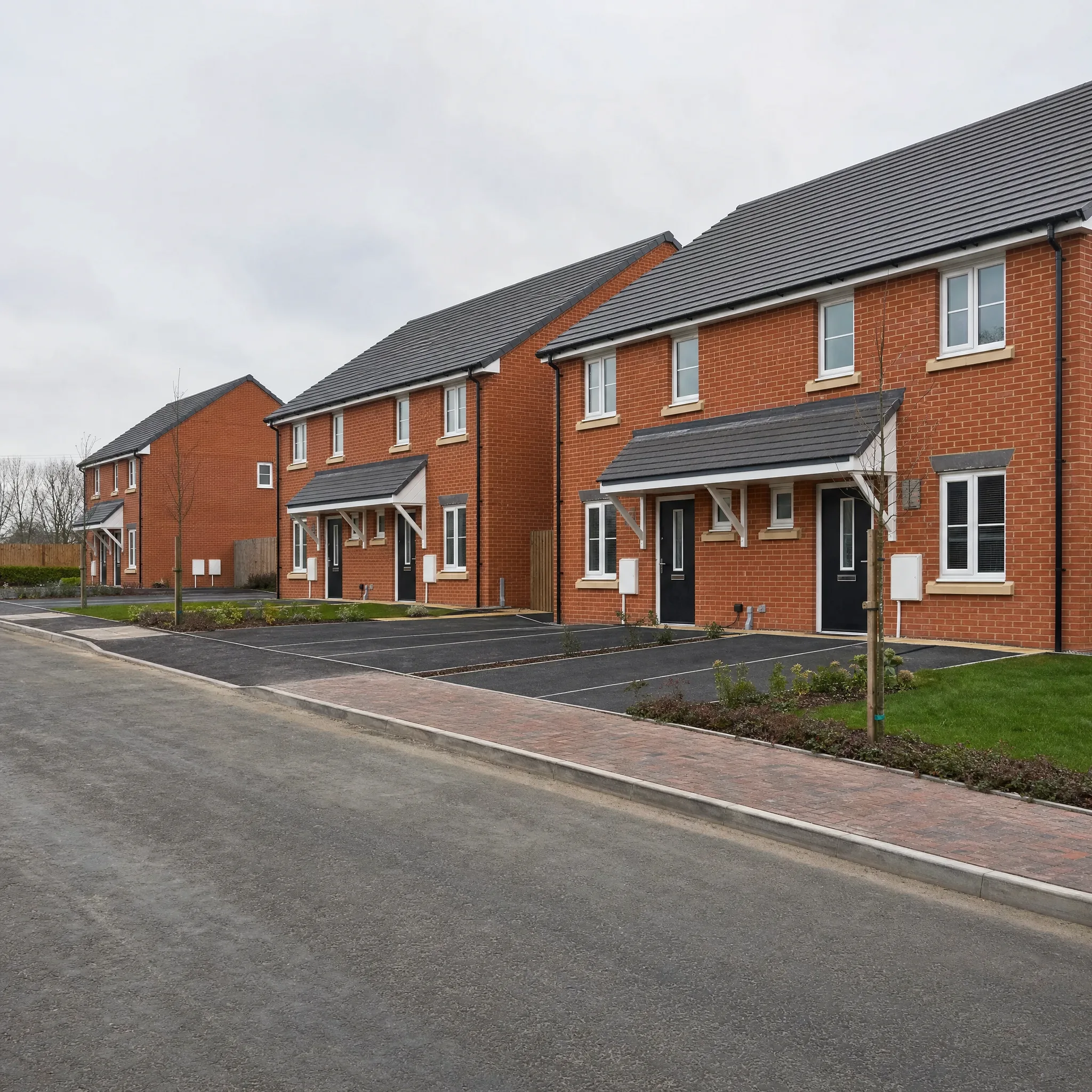 Small UK new-build housing development with completed brick semi-detached homes