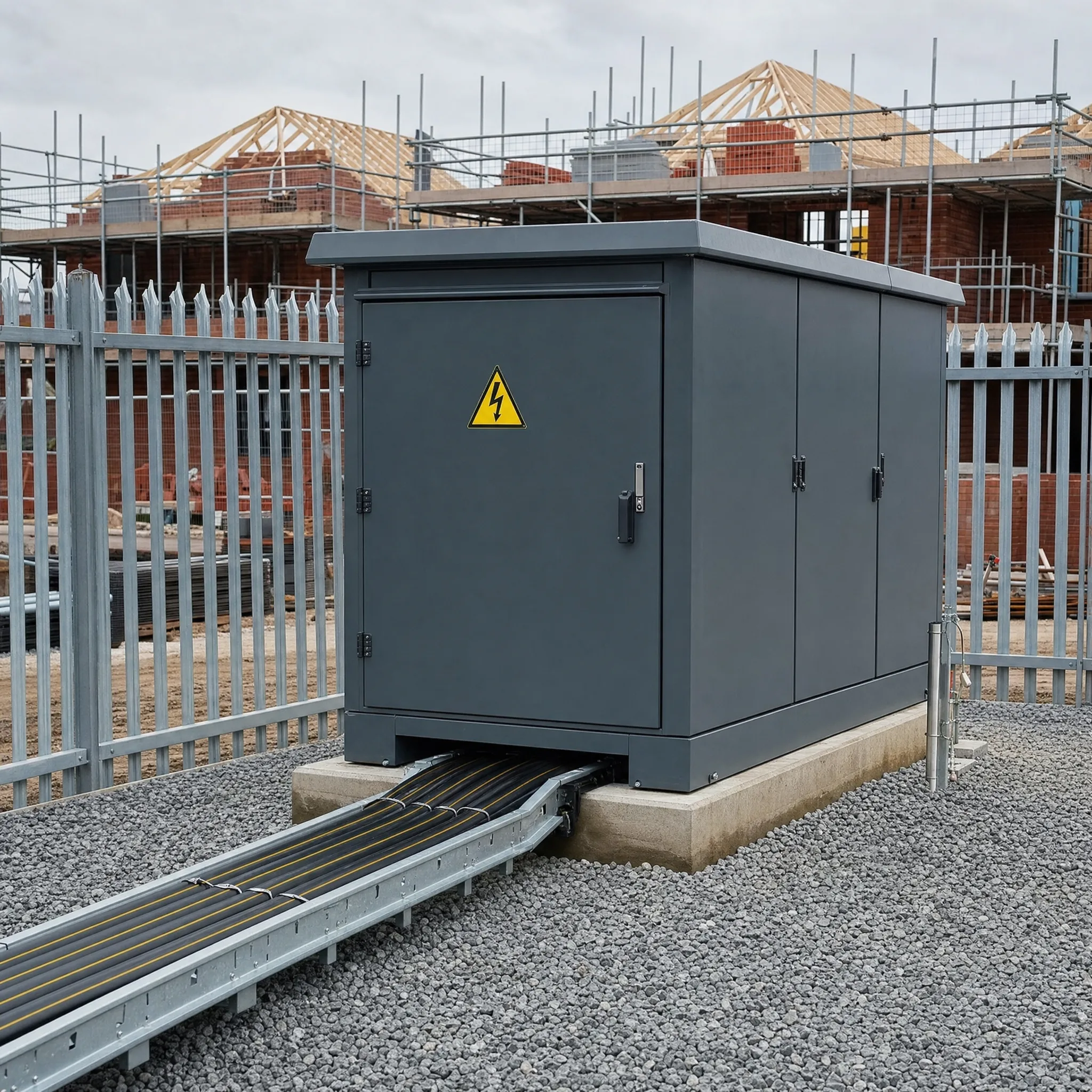 Newly installed grey GRP packaged electrical substation on a UK new-build site