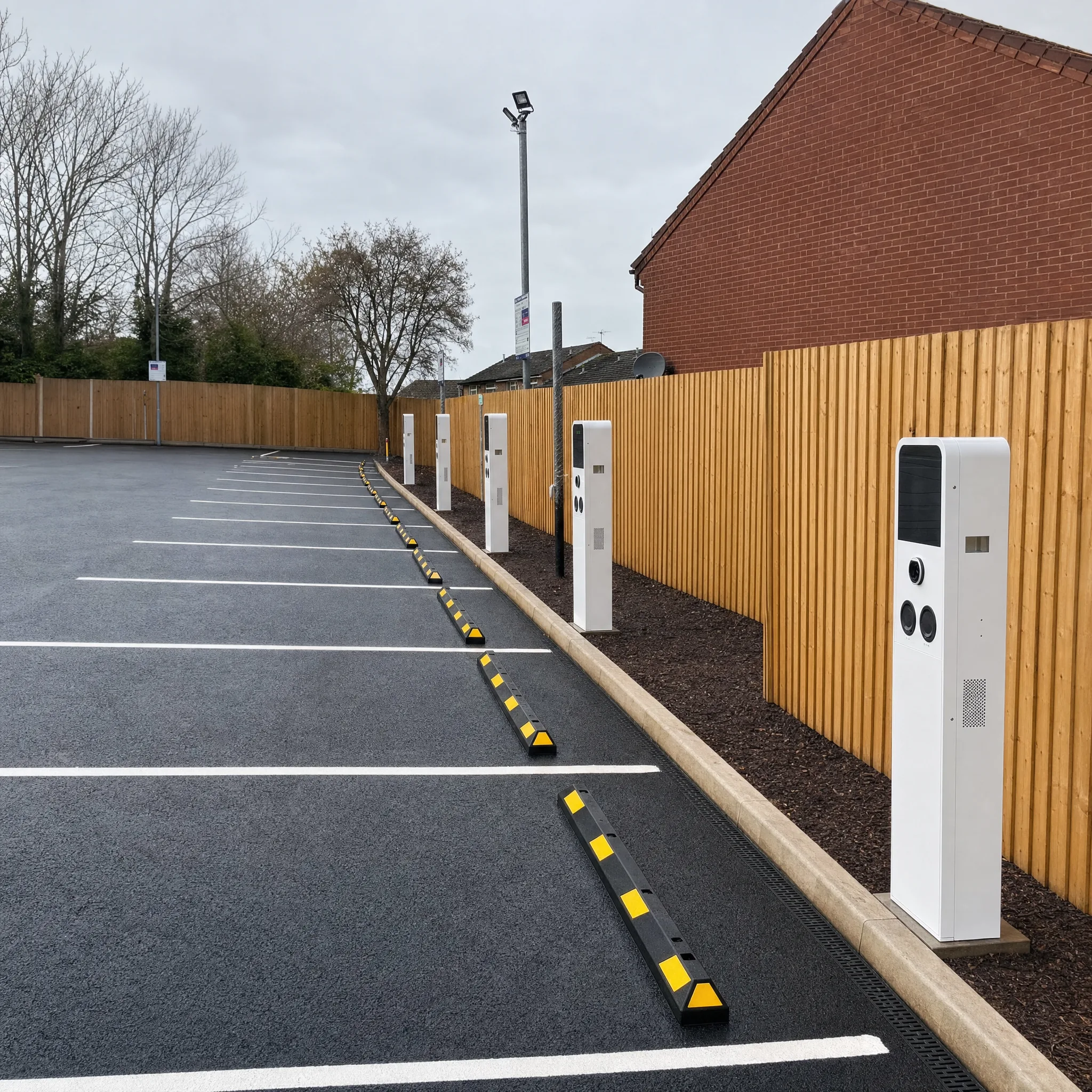 Row of newly installed white pedestal EV chargers in a UK car park