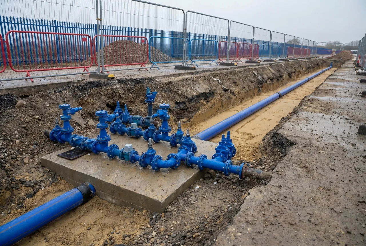 Completed water connection: a cluster of blue gate valves on a concrete plinth feeding blue MDPE mains in a clean trench