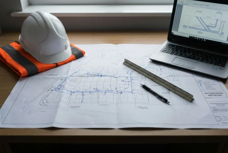 Water mains connection layout drawing with a hard hat and laptop at the planning stage