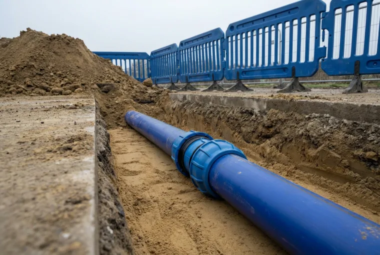 Blue MDPE water main laid in a clean saw-cut trench during installation