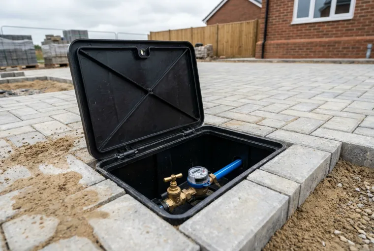 Newly installed water boundary box with a brass stopcock set flush in fresh block paving